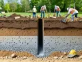 Des ouvriers creusent un puits pour un système de drainage. Le sol est représenté en coupe, montrant différentes couches poreuses.