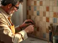 Un homme répare un mur carrelé. Il utilise des outils pour travailler sur les joints, peut-être pour comprendre qu'est-ce qu'un mortier.