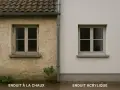 Comparaison de deux façades : un mur à la chaux texturé et un mur acrylique lisse, avec des fenêtres similaires.