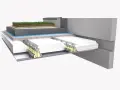 Coupe d'un toit végétalisé montrant des hourdis béton, des isolants et une structure métallique.