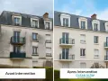 Comparaison avant/après d'un **nettoyage façade**. L'immeuble passe d'un aspect sale et gris à une apparence propre et lumineuse, comme neuve.