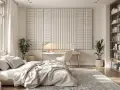 Chambre moderne avec un lit douillet, un bureau et une bibliothèque. Le mur derrière le bureau est orné de panneaux texturés, offrant une excellente isolation phonique mur chambre.