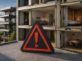 Panneau d'avertissement devant un bâtiment en coupe montrant l'isolation acoustique murale.