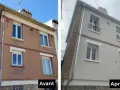 Rénovation d'une façade : avant, la brique est usée ; après, elle est ravalée et repeinte en beige clair.