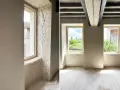 Avant/après : l'isolation chaux chanvre transforme une pièce. Les murs bruts laissent place à une finition lisse et chaleureuse.