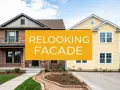 Avant/après d'un relooking façade. Une maison en briques et une maison jaune se côtoient, montrant le potentiel de transformation.