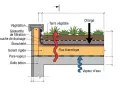 Coupe d'un toit végétalisé : terre végétale, géotextile, drainage, étanchéité, isolant rigide. Laine végétale pour isolation thermique.