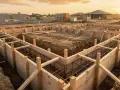 Construction d'une fondation : on peut voir le travail pour faire un coffrage en bois, prêt à recevoir le béton.