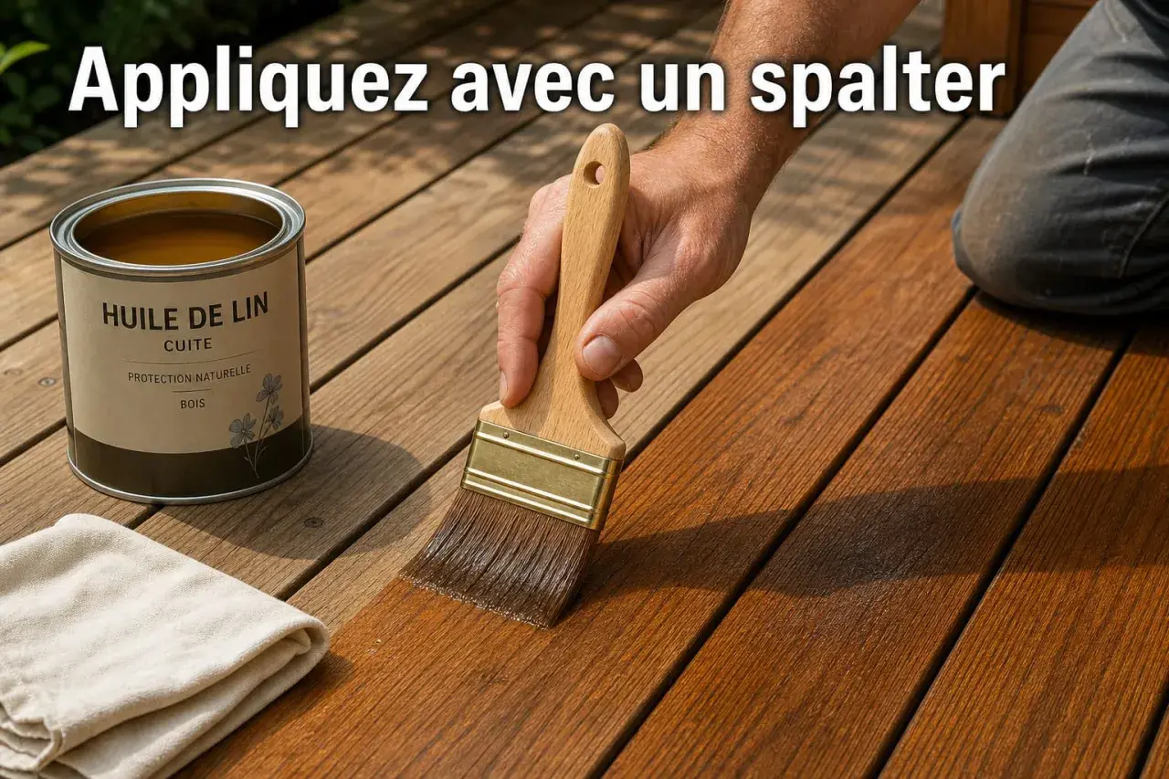 Application d'huile de lin cuite sur un bois de terrasse avec un spalter. Le produit nourrit et protège le bois.
