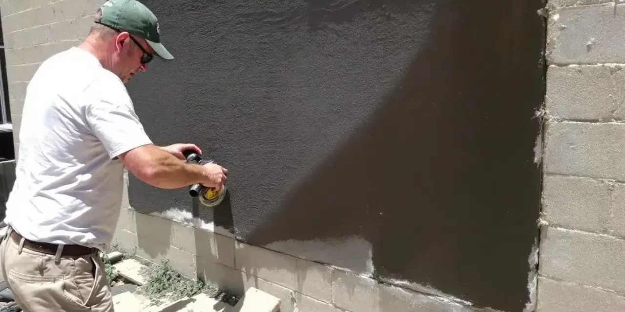 Un homme utilise une ponceuse pour araser un mur extérieur fraîchement enduit.