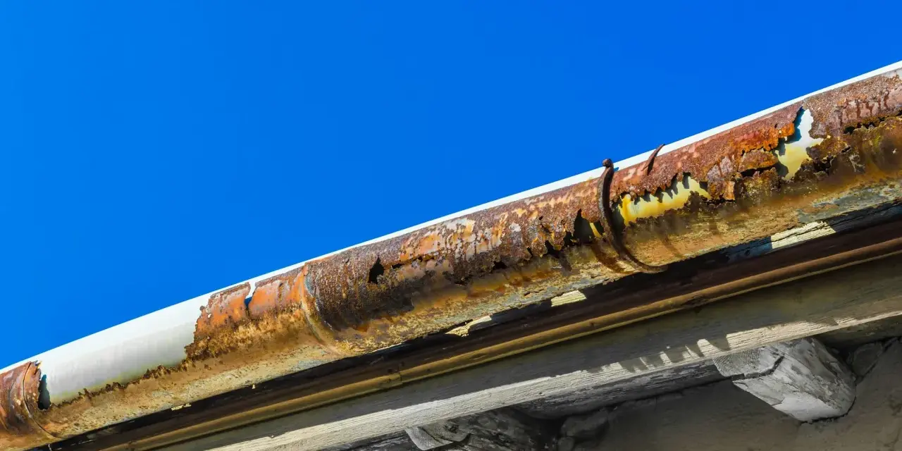 Gouttière en zinc très rouillée, nécessitant une réparation urgente. Le ciel bleu contraste avec la dégradation du matériau.