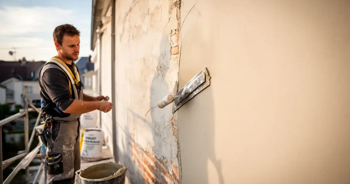 Un ouvrier applique un enduit sur agglo sur un mur extérieur, à l'aide d'une truelle. Le soleil se couche.