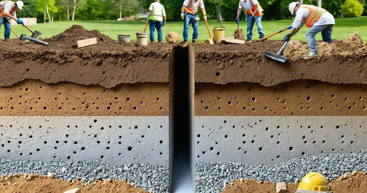 Des ouvriers creusent un puits pour un système de drainage. Le sol est représenté en coupe, montrant différentes couches poreuses.