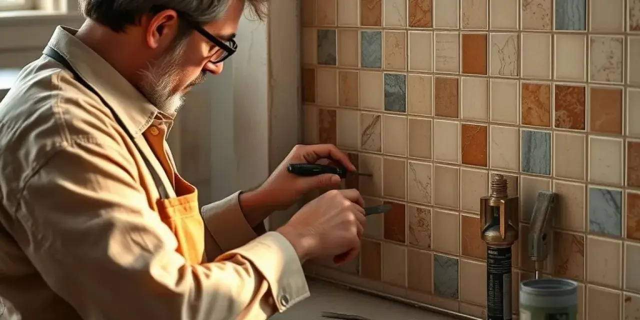Un homme répare un mur carrelé. Il utilise des outils pour travailler sur les joints, peut-être pour comprendre qu'est-ce qu'un mortier.