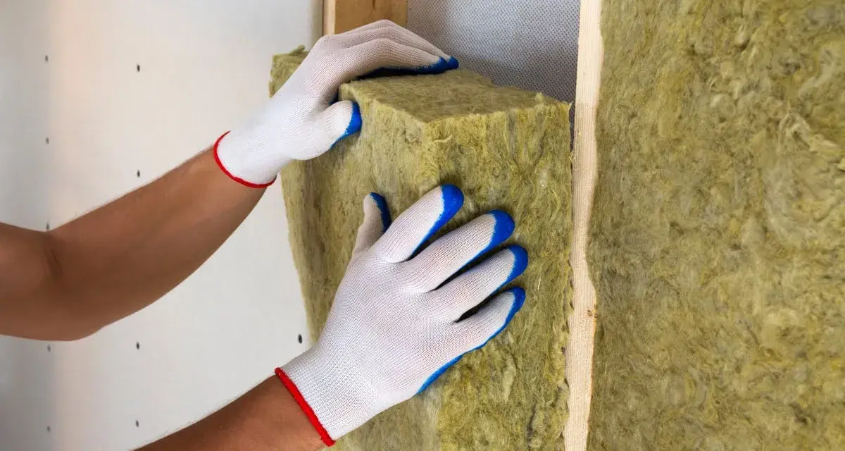Pose d'isolant en laine de roche dans un mur. Les mains gantées ajustent le matériau pour une isolation optimale.
