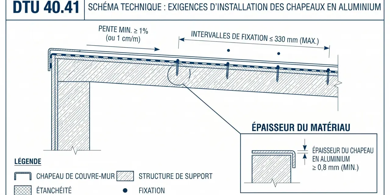 Schéma technique DTU 40.41 : installation de chapeaux en aluminium. Détail de la fixation et des intervalles de fixation.