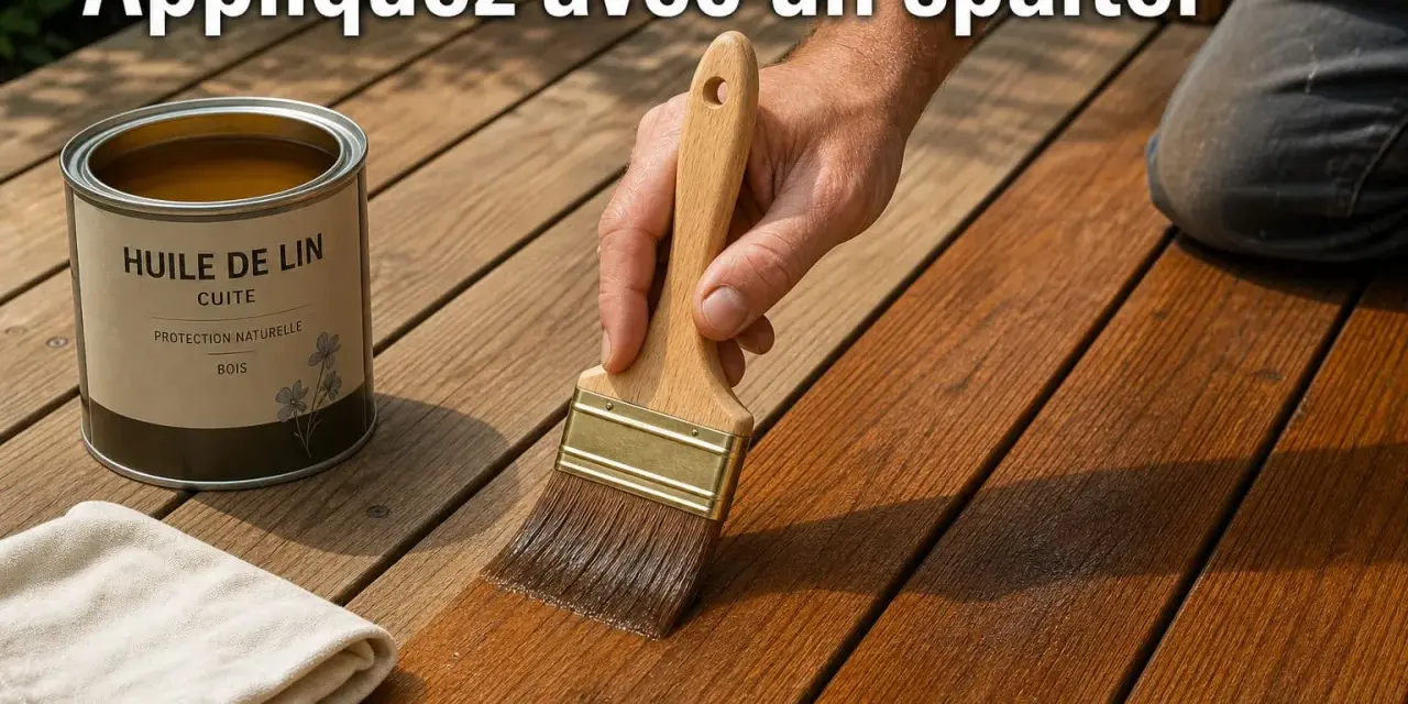 Application d'huile de lin cuite sur un bois de terrasse avec un spalter. Le produit nourrit et protège le bois.