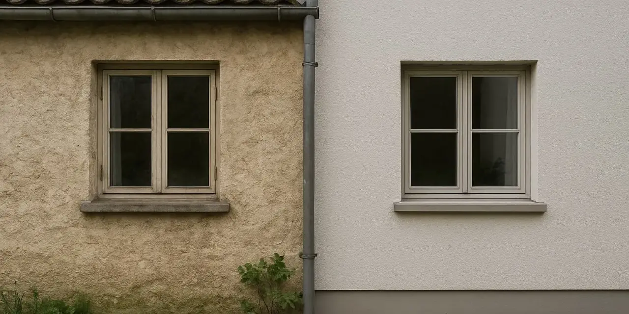 Comparaison de deux façades : un mur à la chaux texturé et un mur acrylique lisse, avec des fenêtres similaires.