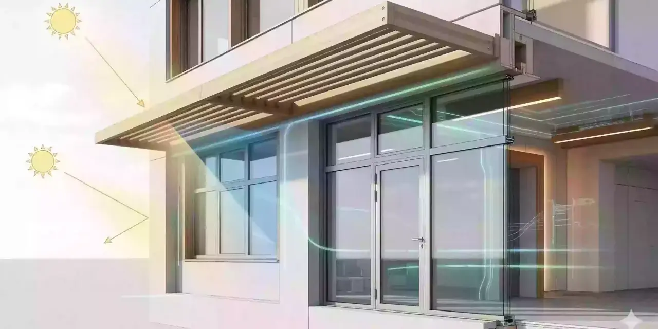 Le soleil frappe un bâtiment moderne. Une casquette de bâtiment protège les fenêtres du soleil, tandis que des flux d'air verts indiquent la ventilation.