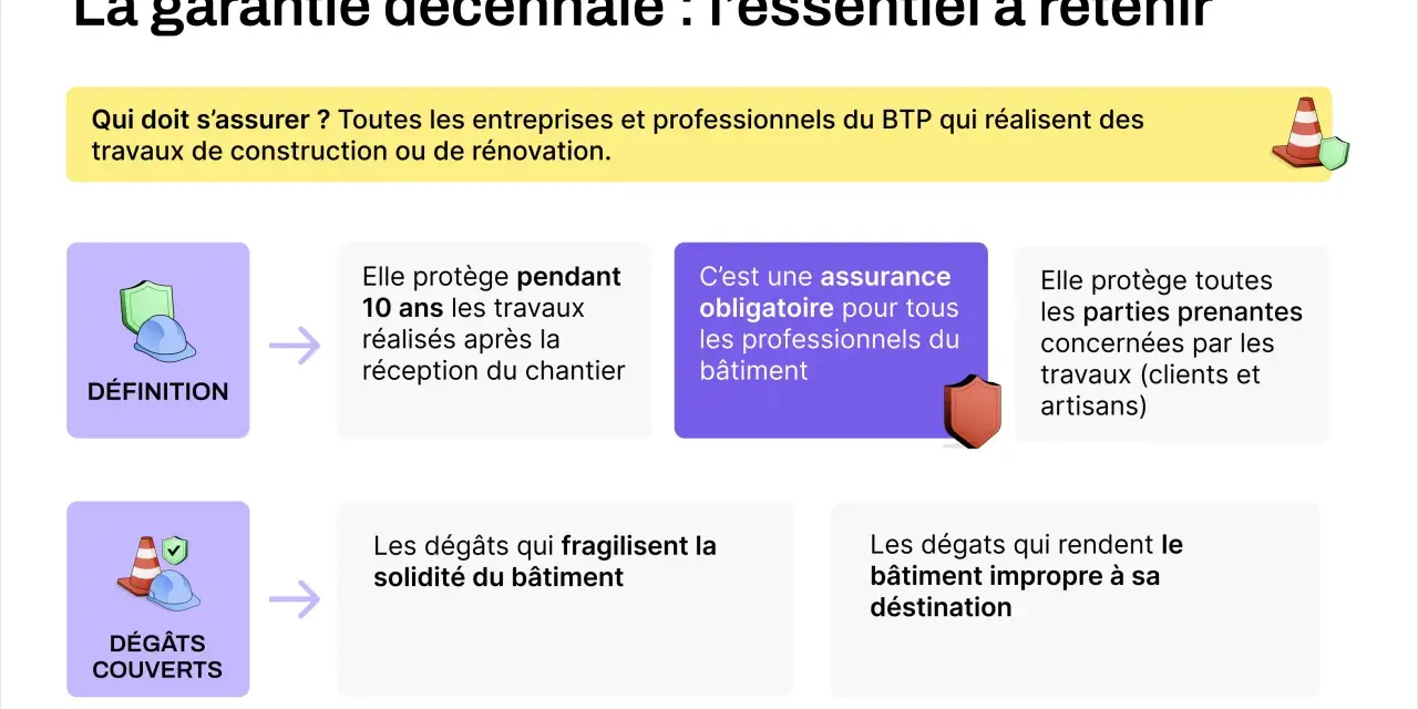 La garantie décennale couvre les dommages graves survenant après réception des travaux, comme ceux affectant l'isolation extérieure. Elle protège pendant 10 ans.
