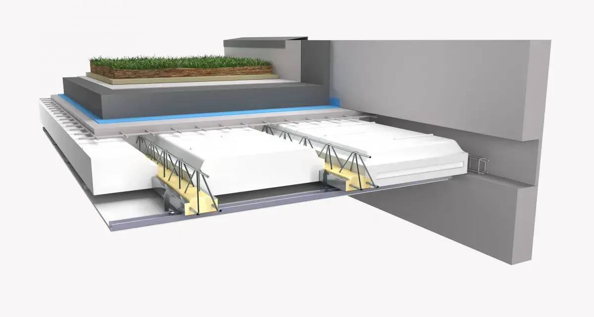 Coupe d'un toit végétalisé montrant des hourdis béton, des isolants et une structure métallique.