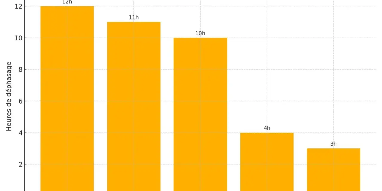 Graphique montrant le déphasage thermique des matériaux : fibre de bois (12h), ouate de cellulose (11h), chanvre (10h), laine de verre (4h), polystyrène (3h).