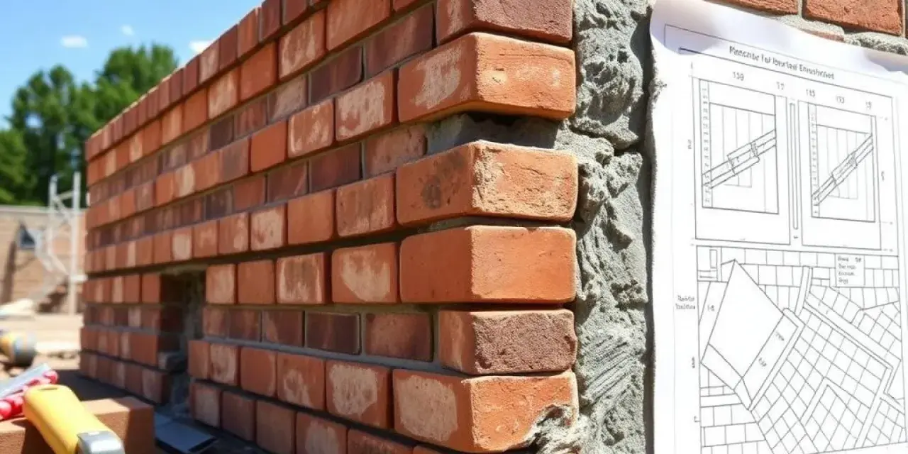 Mur en briques rouges, avec du béton de ciment visible sur le côté. Un plan de construction est épinglé.