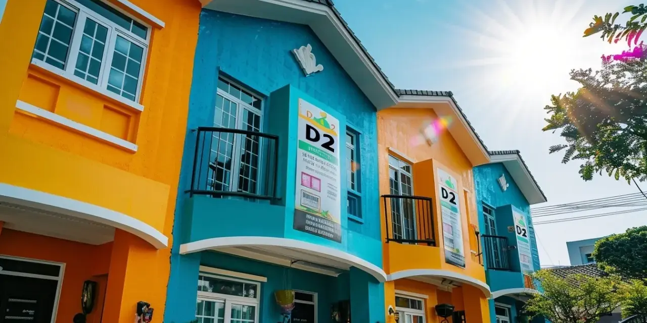 Maisons colorées D2 et D3 sous un soleil éclatant. La peinture vive des façades orange et bleu turquoise attire le regard.