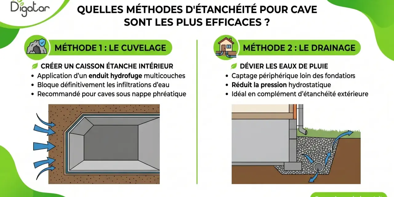 Méthode 1 : Le cuvelage, pour créer un caisson étanche intérieur. Méthode 2 : Le drainage, pour dévier les eaux.