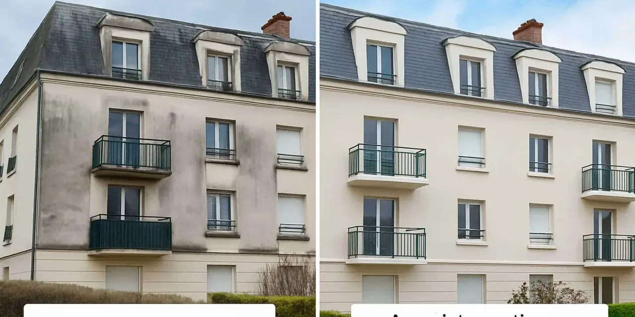 Comparaison avant/après d'un **nettoyage façade**. L'immeuble passe d'un aspect sale et gris à une apparence propre et lumineuse, comme neuve.