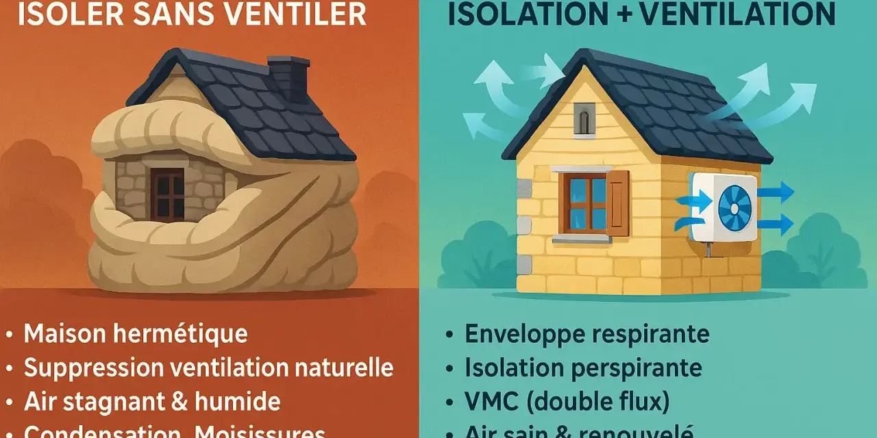 Maison étouffée par l'isolation sans ventilation, contrastant avec une maison aérée et ventilée. L'isolation de la maison est essentielle, mais la ventilation l'est tout autant.