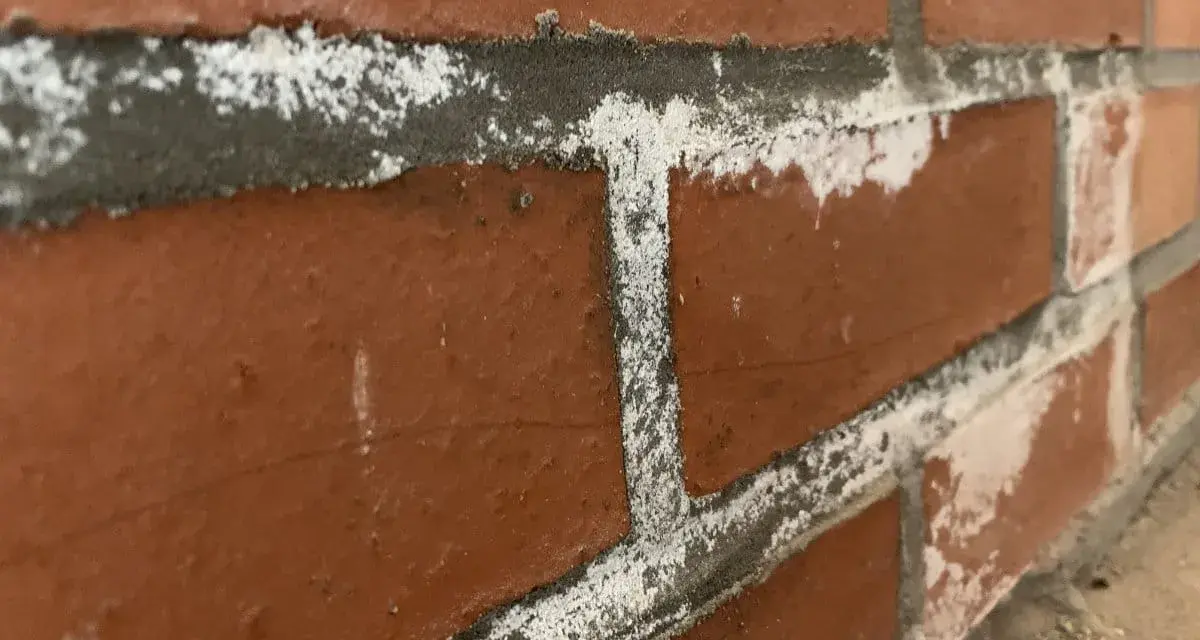 Efflorescence blanche sur les joints d'un mur de briques, signe de salpêtre dans la maison.