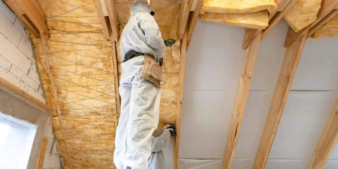 Pose de **panneau isolant toiture** dans un grenier par des ouvriers en combinaison.