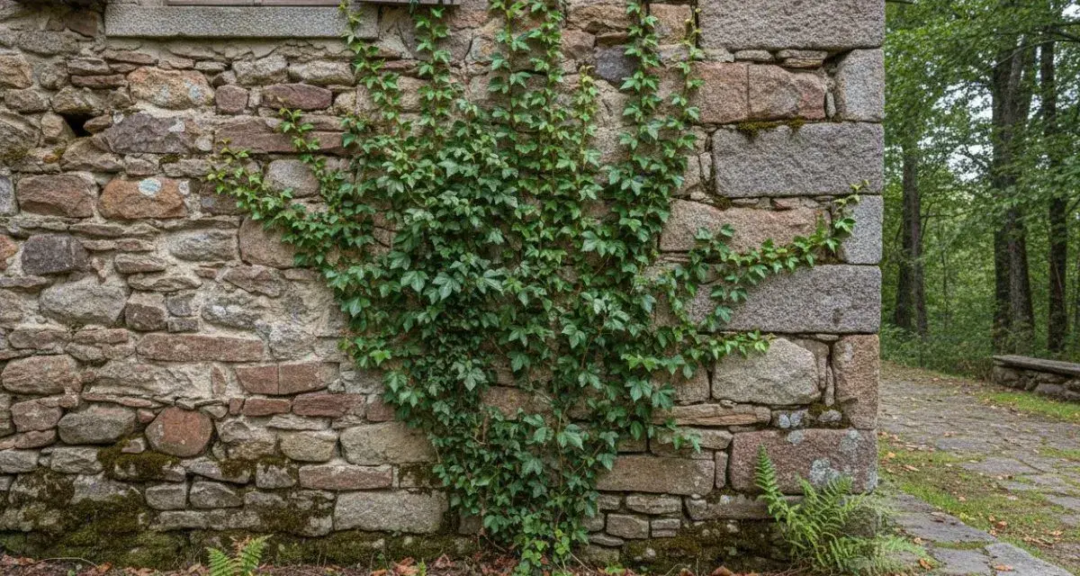 Lierre grimpant sur un mur de soubassement en pierre, près d'une fenêtre avec volets en bois. La végétation s'épanouit sur la façade ancienne.