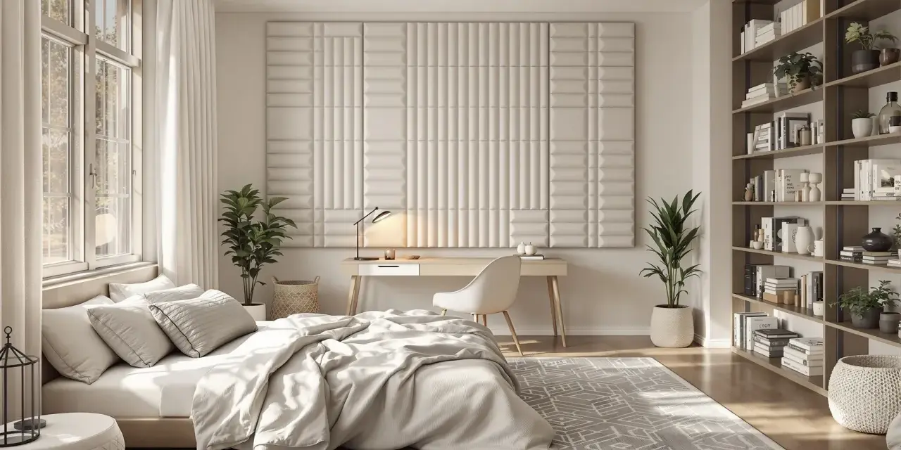 Chambre moderne avec un lit douillet, un bureau et une bibliothèque. Le mur derrière le bureau est orné de panneaux texturés, offrant une excellente isolation phonique mur chambre.