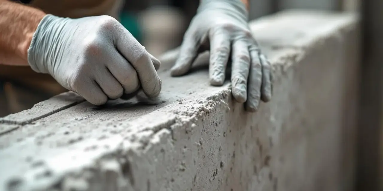 Mains gantées travaillant sur un linteau en béton brut. La texture granuleuse du matériau est visible, suggérant un travail de finition minutieux.