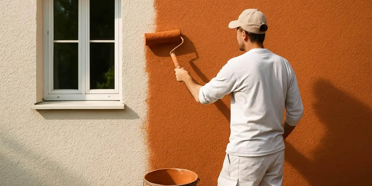 Un homme peint un mur extérieur d'une maison en orange vif avec un rouleau. Le crépi au rouleau donne une texture intéressante.