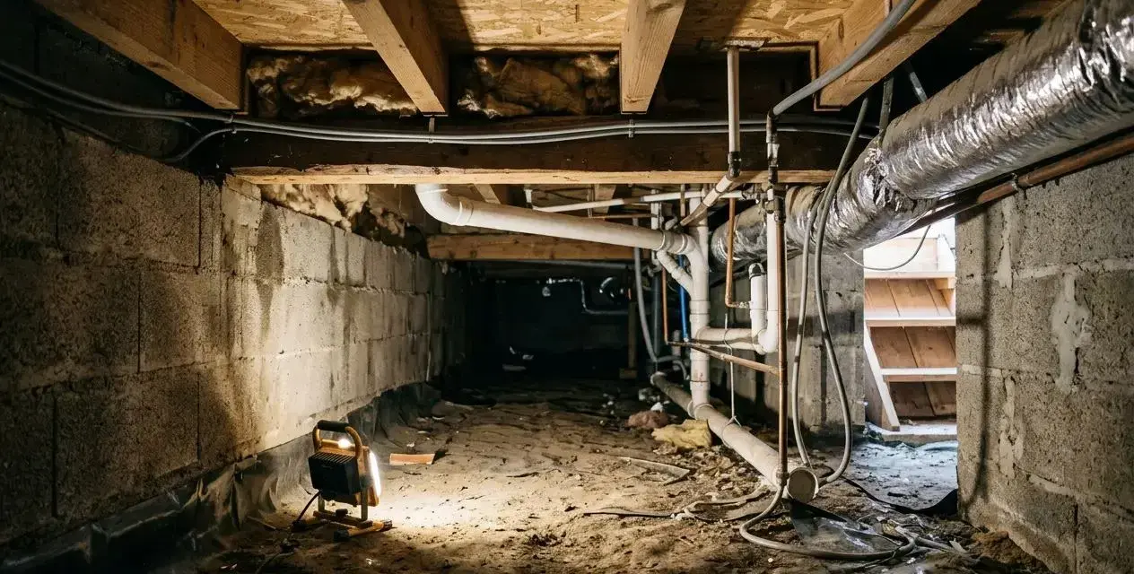 Éclairage d'un vide sanitaire avec un projecteur, révélant les tuyaux et la bâche d'étanchéité vide sanitaire.