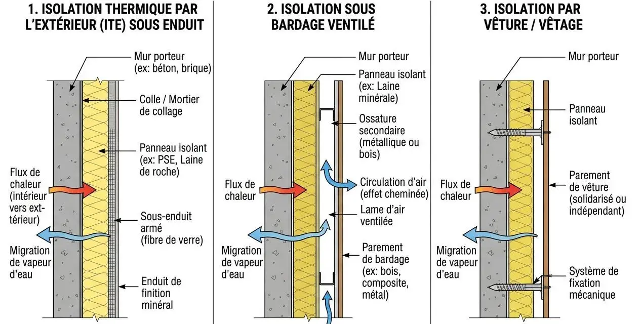 Diagramme comparant 3 systèmes d'isolation de façade : ITE, bardage ventilé et vêture.