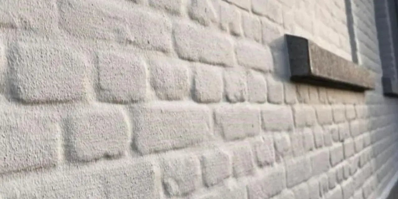 Mur en briques blanchies au badigeon à la chaux, avec un rebord de fenêtre en pierre sombre.