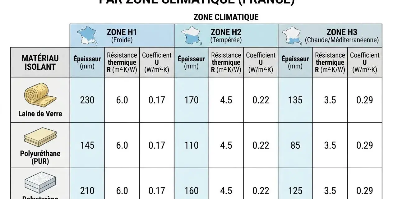 Tableau comparatif des épaisseurs d'isolant par zone climatique. Il montre le coefficient d'isolation thermique pour la laine de verre, le polyuréthane et le polystyrène expansé.