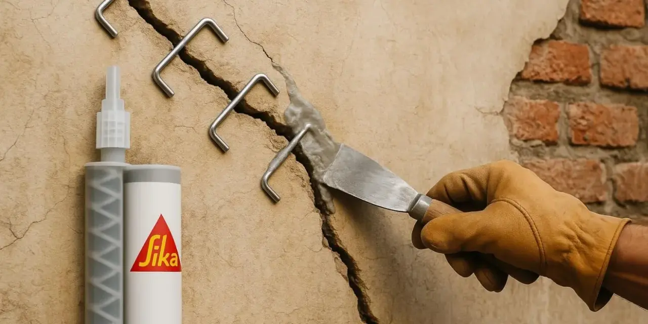 Réparation d'un enduit fissure extérieur avec des agrafes métalliques et un produit Sika. Un artisan applique le mortier.