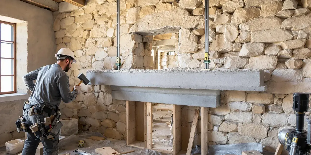 Un ouvrier ajuste une cheminée en béton devant une ouverture dans un mur en pierre.