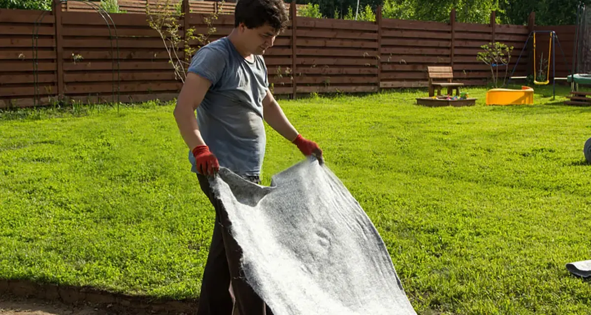 Un homme déroule un géotextile gris dans un jardin. Il réfléchit à quel geotextile choisir pour son projet d'aménagement paysager.