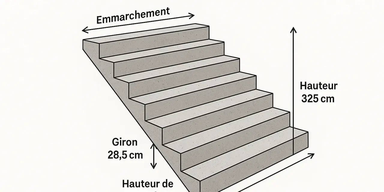 Schéma des dimensions d'un escalier extérieur. La profondeur de marche (giron) est de 28,5 cm. La hauteur totale est de 325 cm.