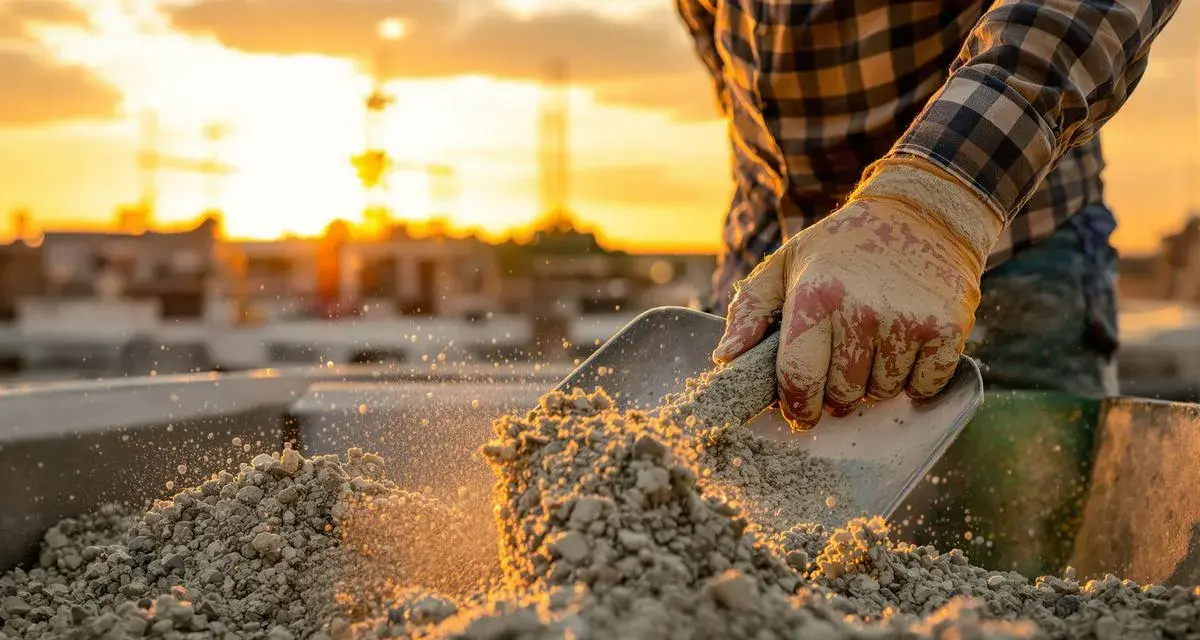 Main d'un ouvrier en plein travail, manipulant du sable et des graviers pour le dosage béton. Le soleil couchant illumine la scène.