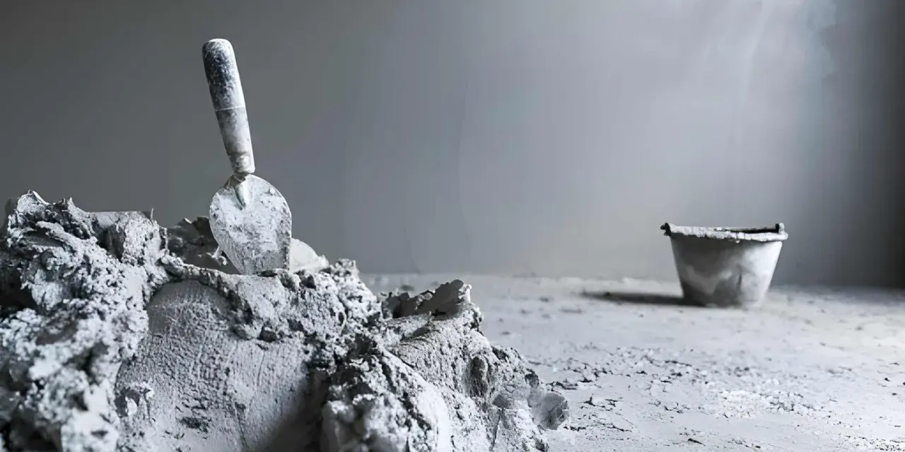 Une truelle repose sur un tas de ciment frais, prêt pour une utilisation ciment prompt sans sable. Un seau est visible au loin.