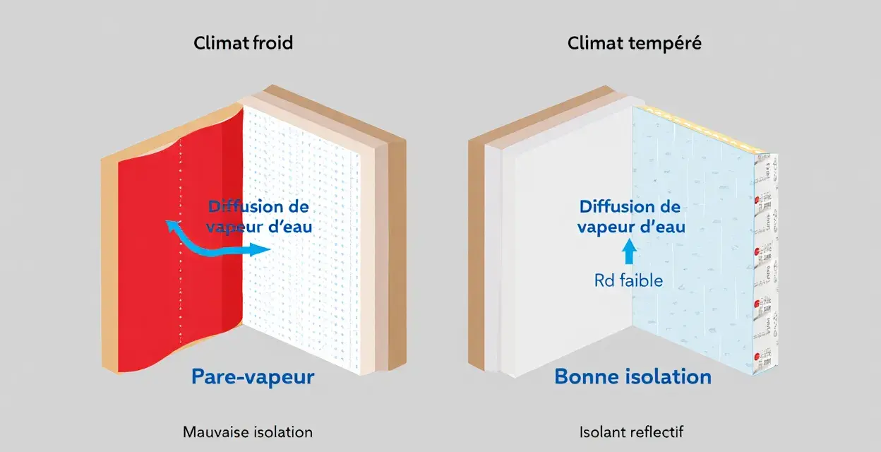 Comparaison de pare-vapeur et étanchéité pour climats froids et tempérés. Illustration de la diffusion de vapeur d'eau.