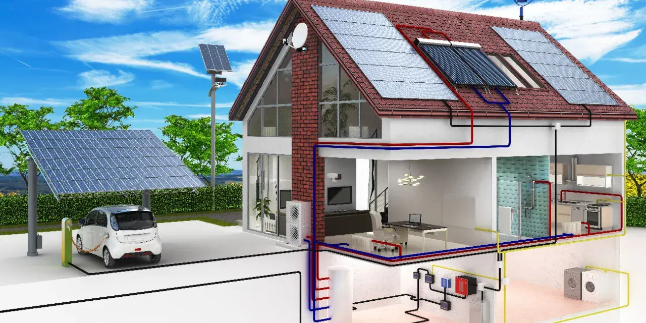 Maison passive avec panneaux solaires, borne de recharge pour voiture électrique, et système de chauffage/refroidissement intégré.