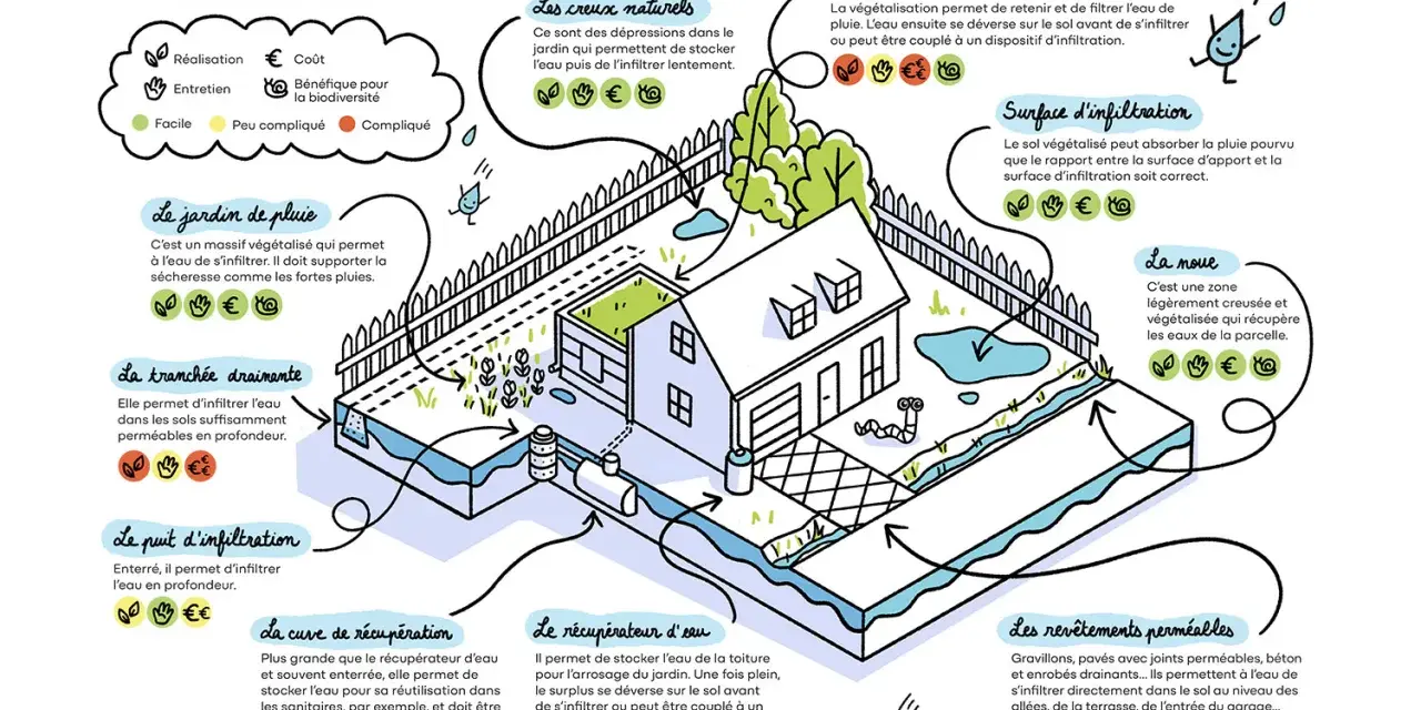 Illustration des solutions pour l'évacuation eau de pluie dans le jardin : jardin de pluie, tranchée drainante, puits d'infiltration, noue, toiture végétalisée.